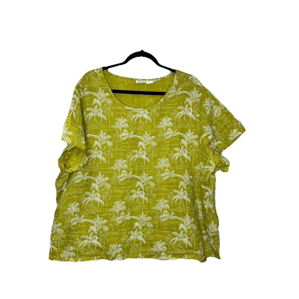 C&C California Top Blouse Women 3x Green Linen Palm Tree Beach Vacation Resort